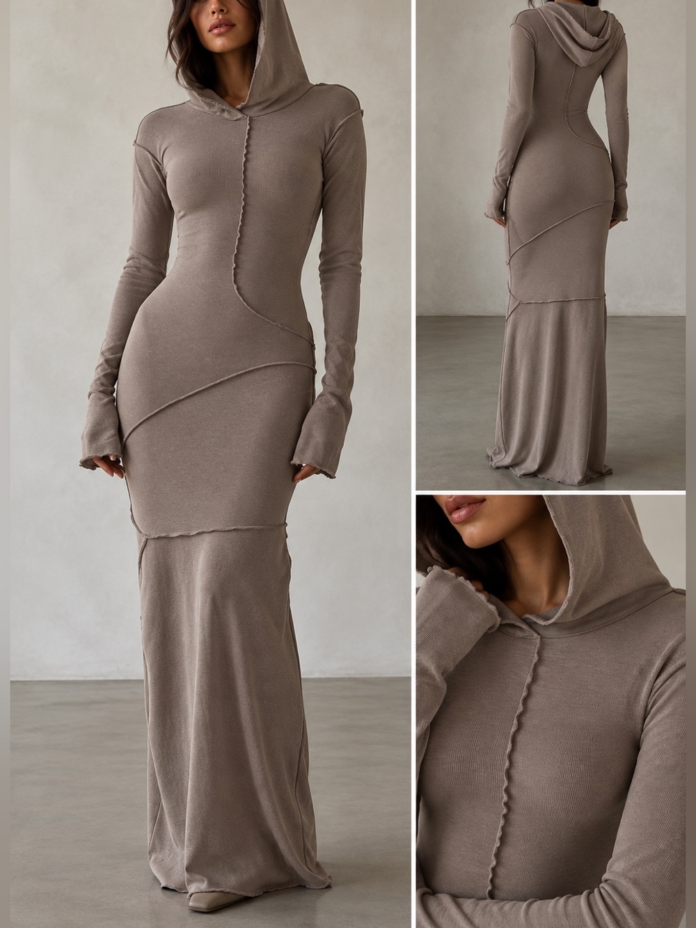 Women's Taupe Hooded Long Sleeve Maxi Dress